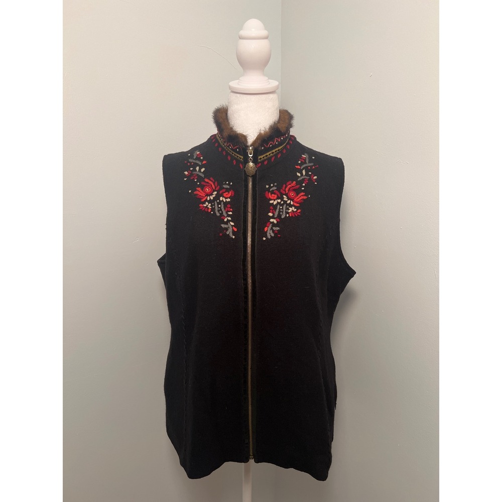Icelandic Design Womens Black Wool‎ Embroidered Vest Faux Fur Trim Size Large